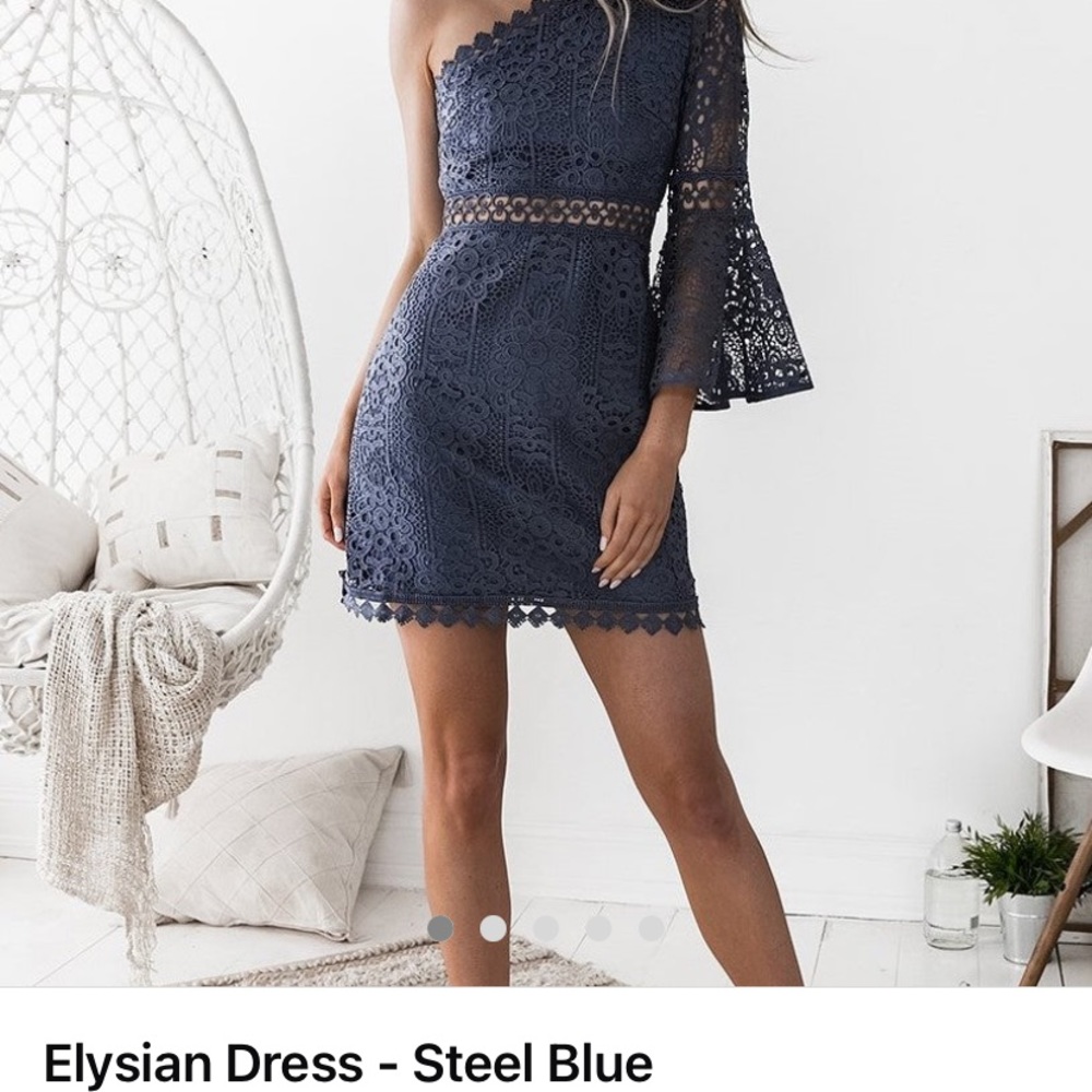 Elysian One-Shoulder Lace Dress in Steel Blue